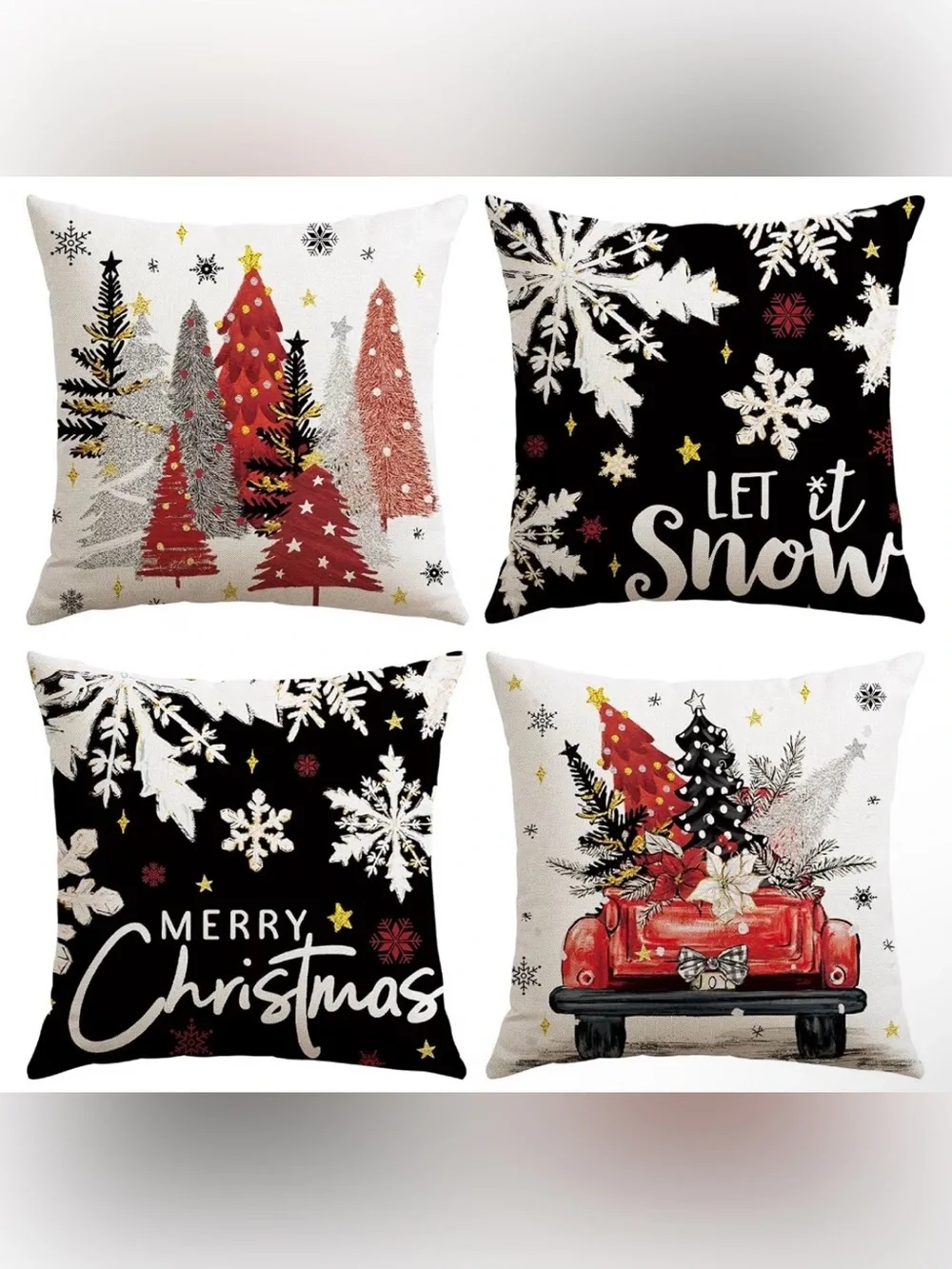 Christmas Tree Truck & Snowflake Holiday Zipper Pillow Covers, Set of 4. 18” New